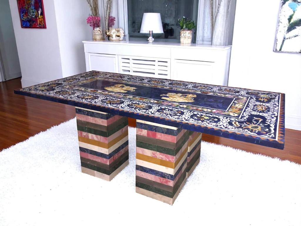 Pietradura Marble Dining Table Lapis Inlay Mosaic Handicraft Indian Art